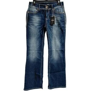 Flamingals Womens Dark Wash Bootcut Jeans Embroidered Whiskered Size L NEW